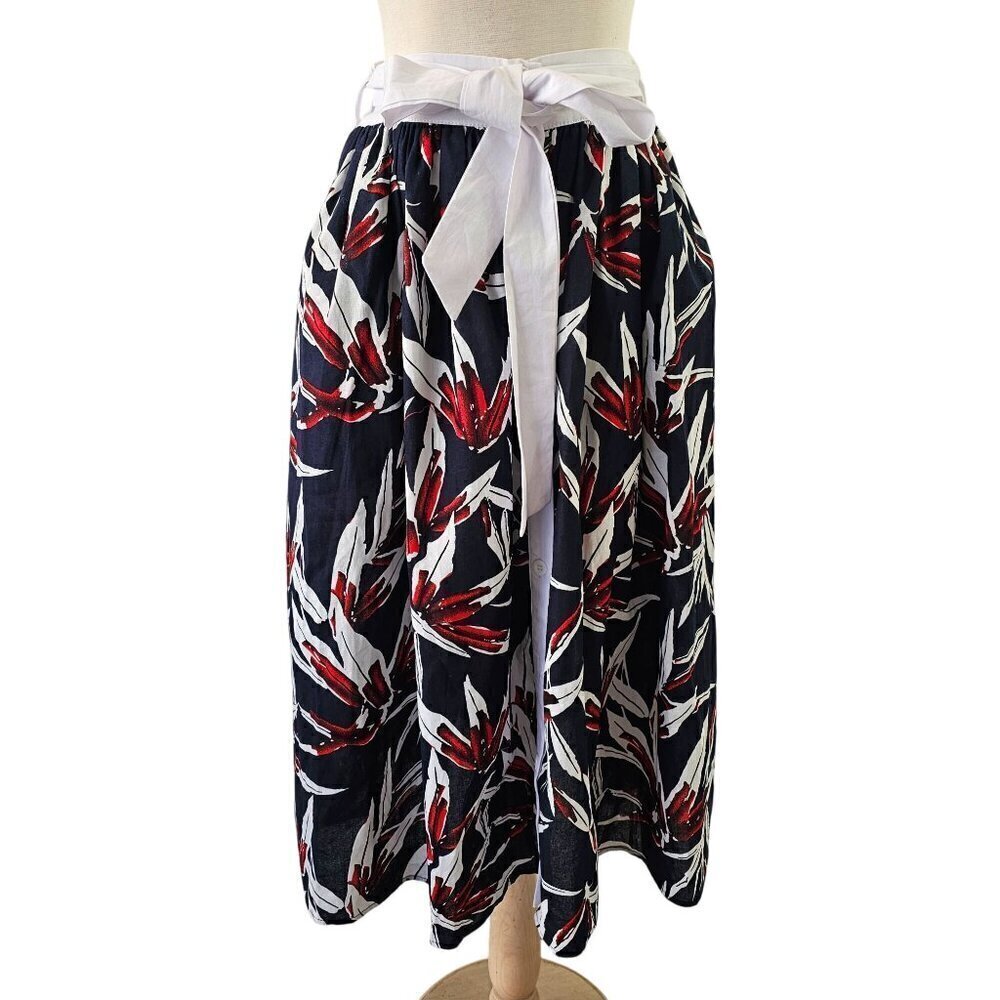 LAtiste by Amy Button Front Midi Skirt Size S Red White on Navy Sash Belt NWT